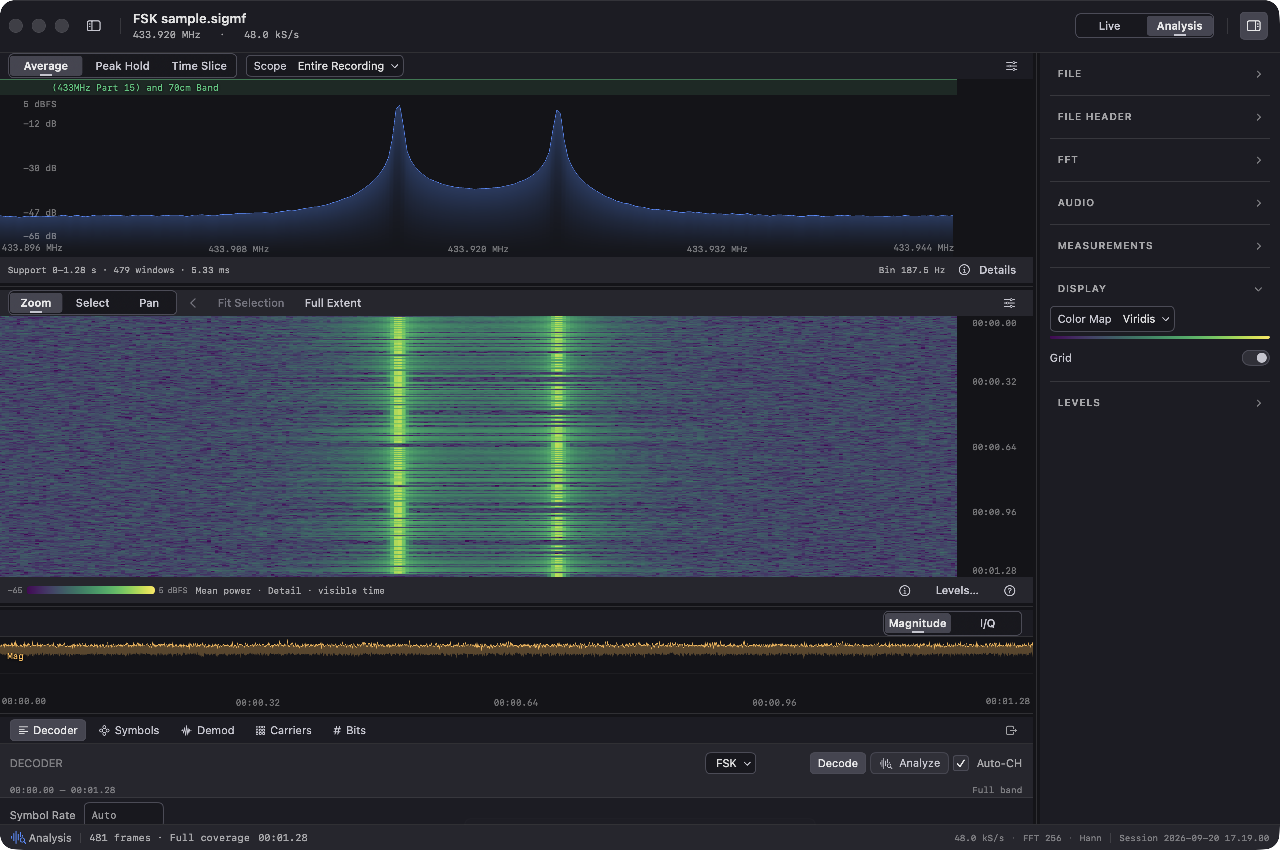 A generated 2-FSK recording in Sigil. Two peaks appear in the spectrum above a waterfall showing the changing tones. Both plots are visible together in the standard stacked layout.